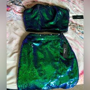 Holidays or New Years Eve Glamorous Lulu’s emerald sequin top and skirt